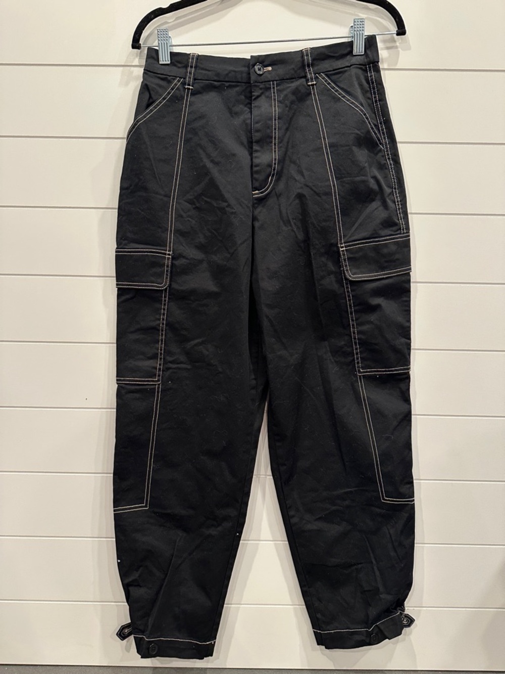 Black Barrel Cargo Pants with Contrast Stitching